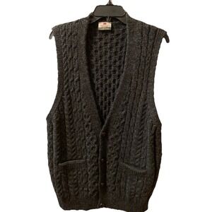 Carraig Donn Irish Sweater Vest Fisherman Cable Knit‎ 100% Wool Gray Large US10